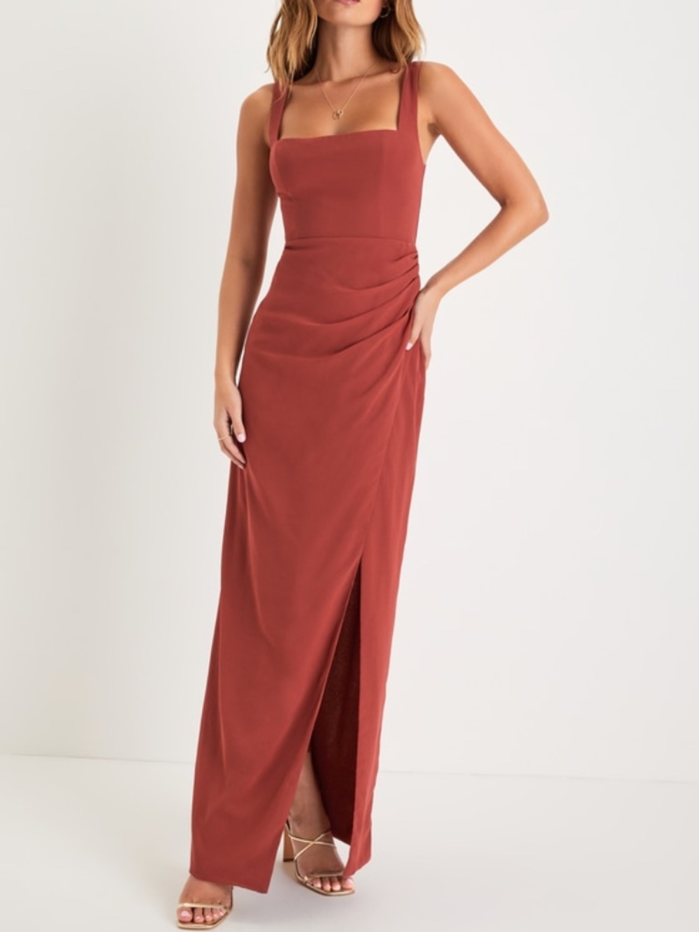 Lulus Glamorous Disposition Rust Ruched Maxi Dress Orange - Size S